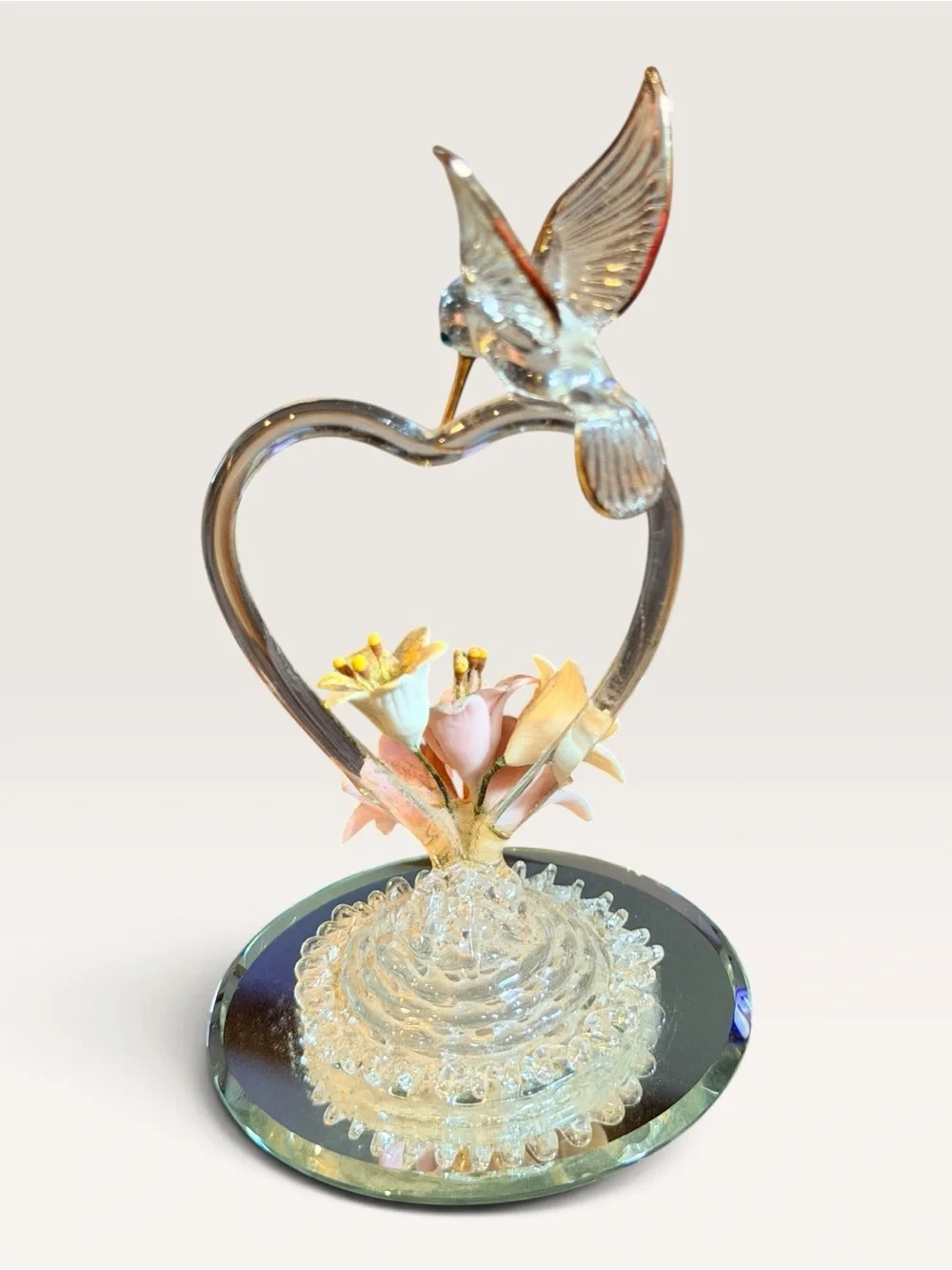 Vintage Glass Baron Hummingbird Heart Pink Lilies Mirrored Base Figurine